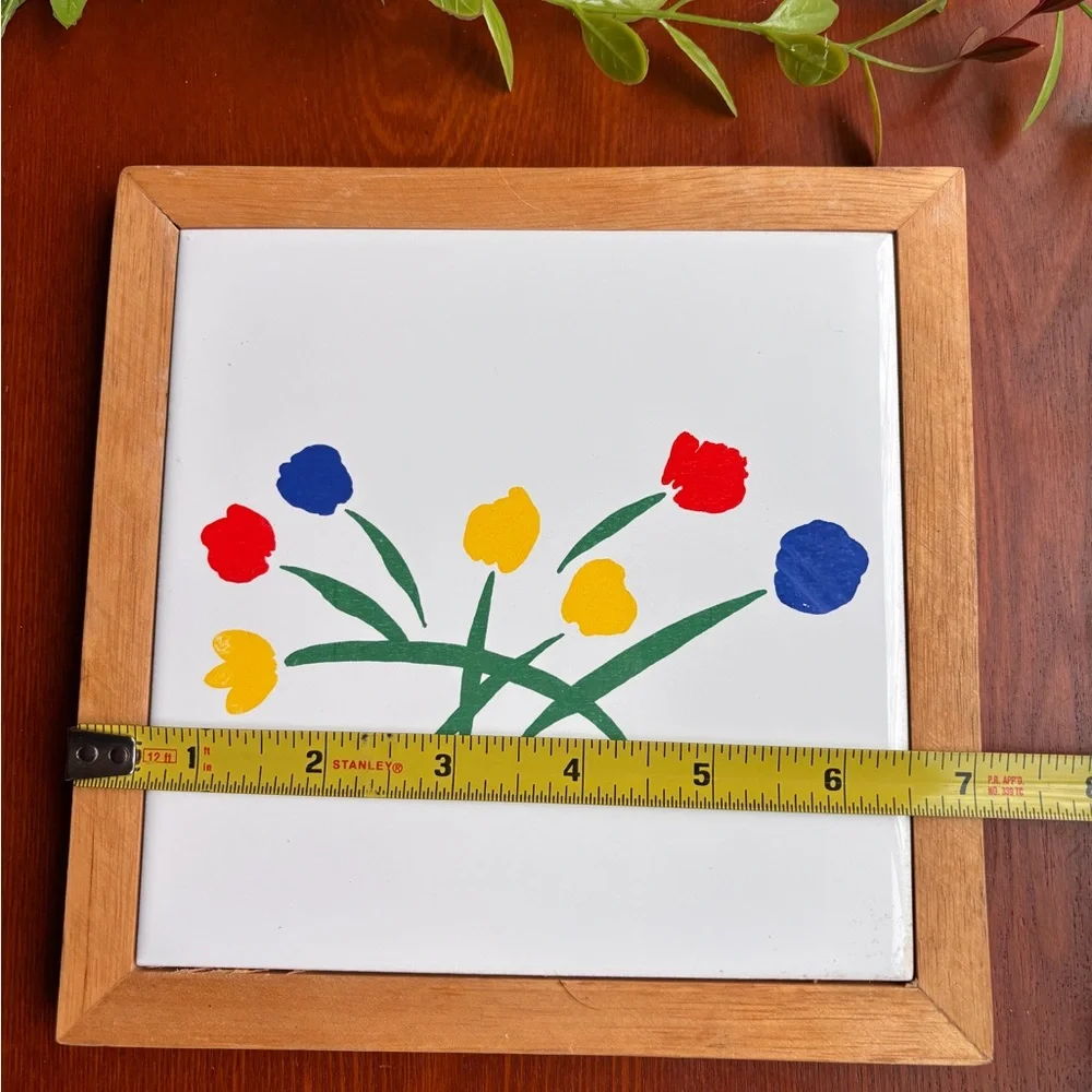 Marimekko Ceramic Tile Trivet with Wooden Frame Bold Tulips  Vintage